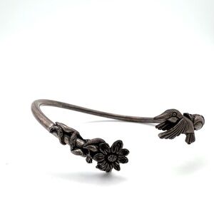925 Vintage Floral Hummingbird & Flower Silver Bipass Bracelet